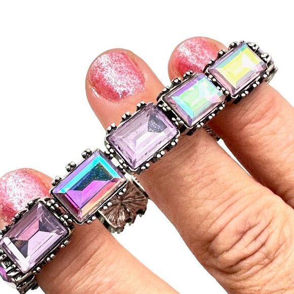 Kirks Folly Womens Bracelet Aurora Borealis Crystals Silver Tone Stretch Design - Picture 2 of 4